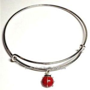 Ladybug Charm Bracelet Lady Bug Red Enamel Wire Adjustable Silver Plated